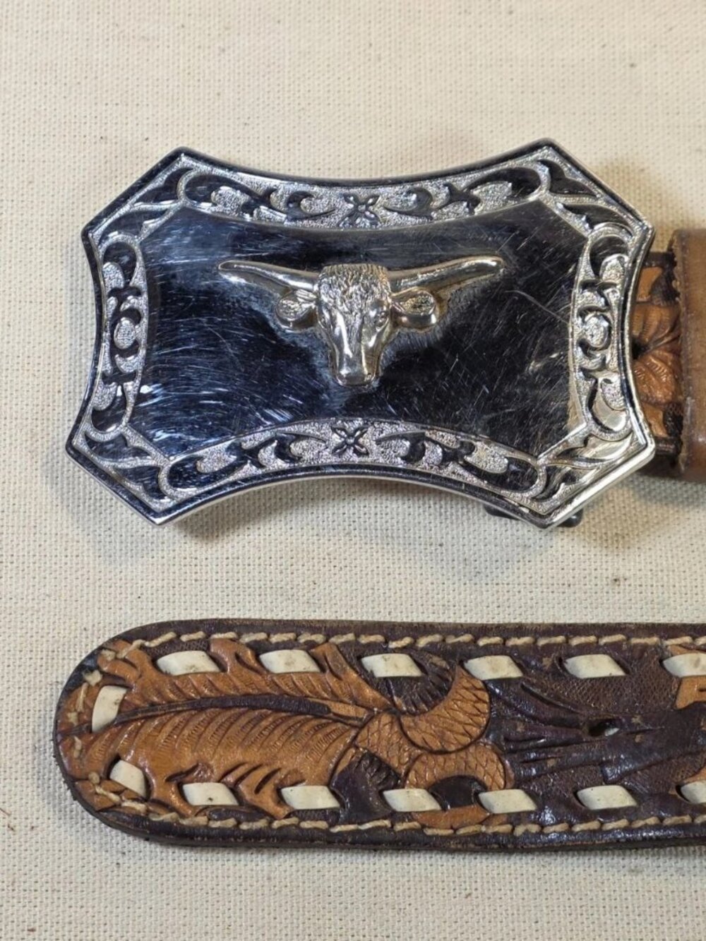 Vintage Western Tooled Leather Belt "Shelby" Longhorn Buckle USA 016564